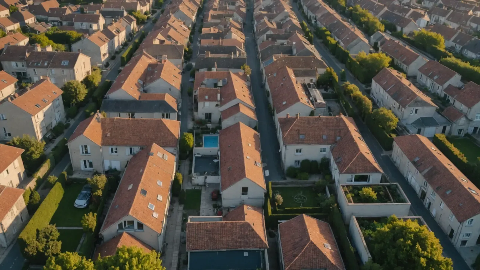 Vue aérienne d'un quartier pavillonnaire français en fin de journée, rangées de toits de tuiles, jardins et ruelles