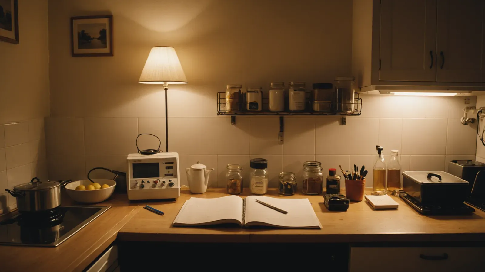 Cuisine d'appartement au crépuscule, compteur électrique au mur et carnet de calculs posé sur le plan de travail