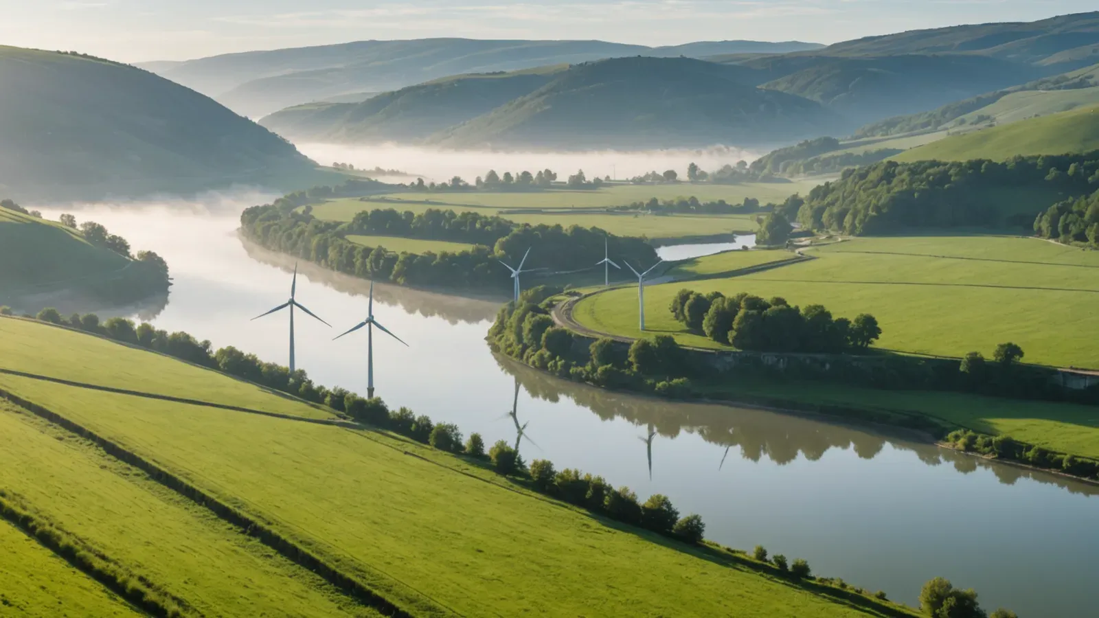Éoliennes et petit barrage hydroélectrique dans une vallée verdoyante, au lever du jour, dans la brume