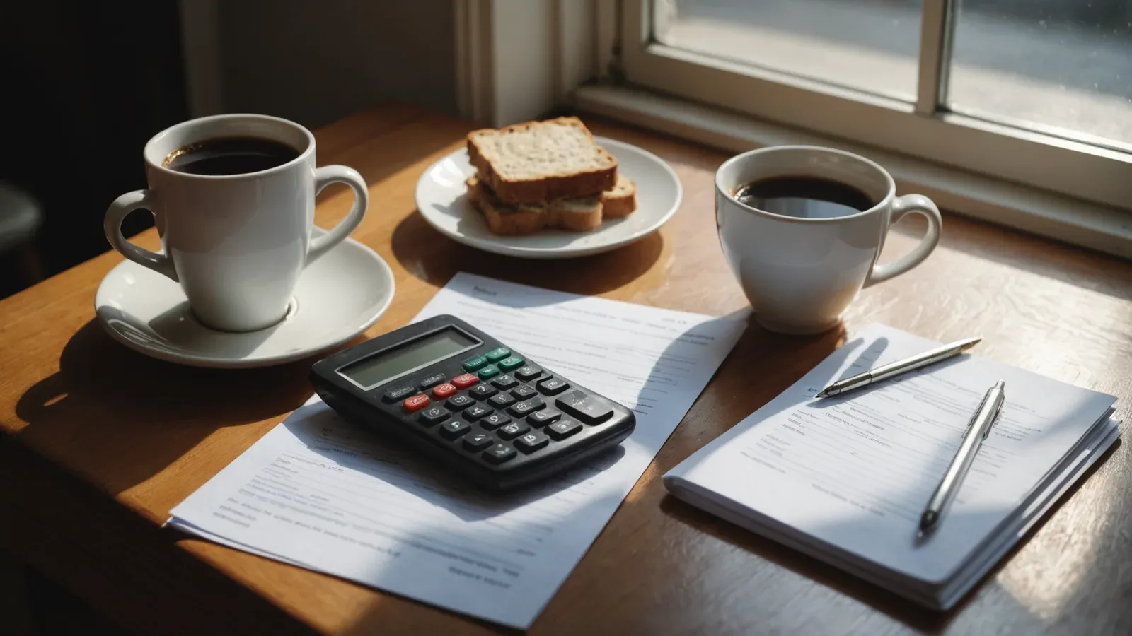 Deux factures d'énergie et une calculatrice posées sur une table en bois, près d'une tasse de café, à la lumière du matin
