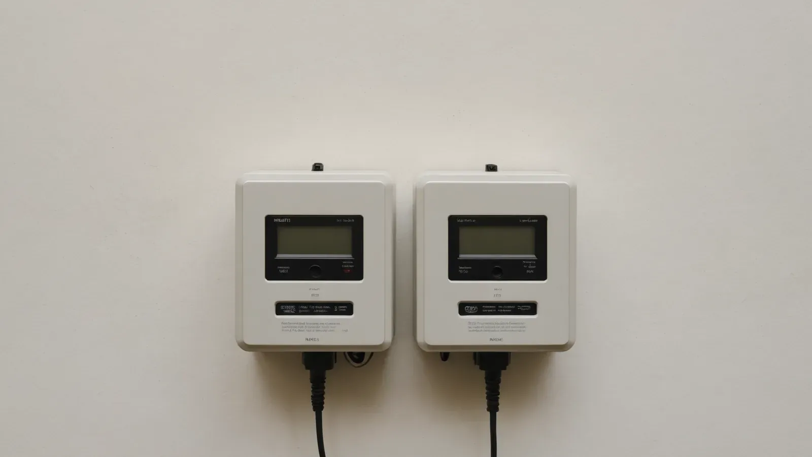 Deux compteurs électriques identiques côte à côte sur un mur clair, l'un en lumière froide, l'autre en lumière chaude