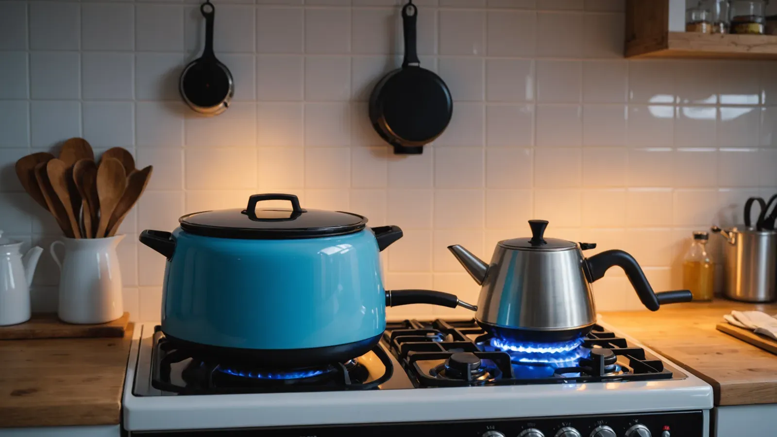 Cuisinière au gaz à flamme bleue et bouilloire électrique côte à côte dans une cuisine éclairée au crépuscule