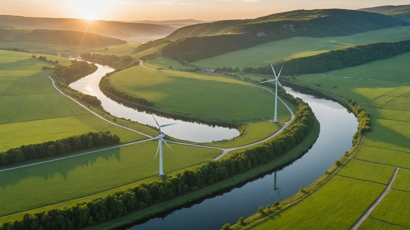 Éoliennes et petit barrage hydroélectrique dans une vallée verdoyante au lever du soleil, dans la brume