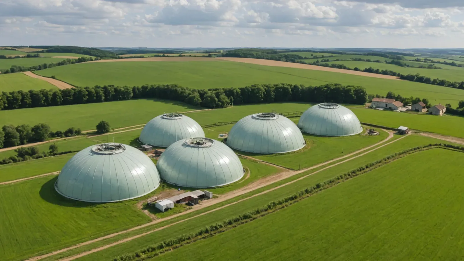 Cuves de méthanisation à dôme à côté d'une ferme, au milieu des champs, sous un ciel nuageux