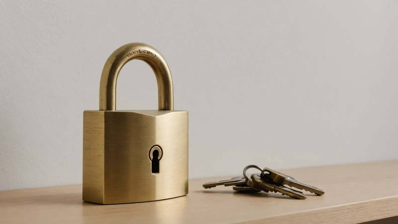 Cadenas en laiton fermé posé sur une étagère en chêne clair, devant un mur blanc