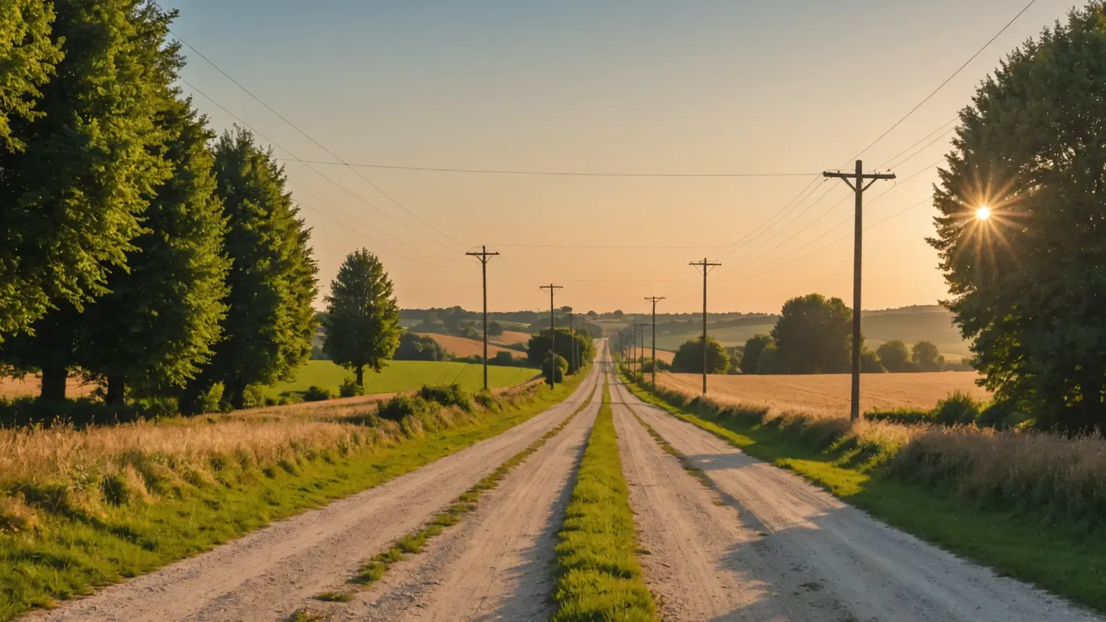 Deux chemins de campagne qui se séparent au coucher du soleil, avec une ligne électrique au loin