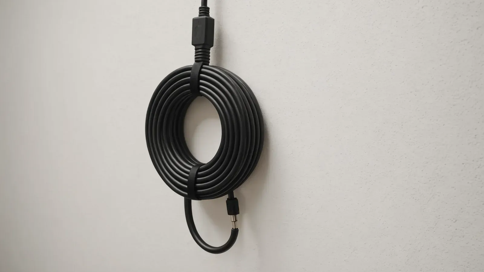 Câble de recharge noir enroulé, accroché au mur blanc d'un garage de maison, la nuit