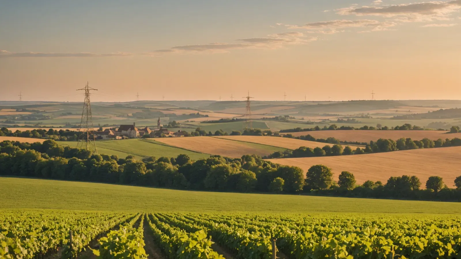 Pylônes électriques traversant des champs vallonnés de Bourgogne au soleil couchant, avec un clocher de village à l'horizon