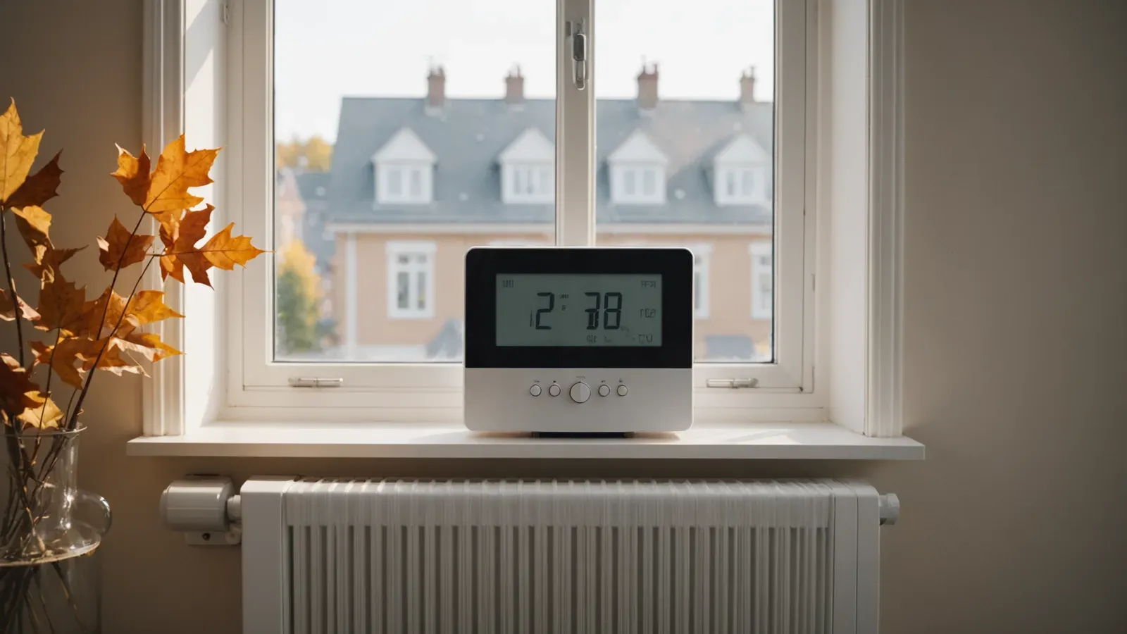 Thermostat mural à l'écran vide dans un salon calme, radiateur sous une fenêtre, lumière d'automne