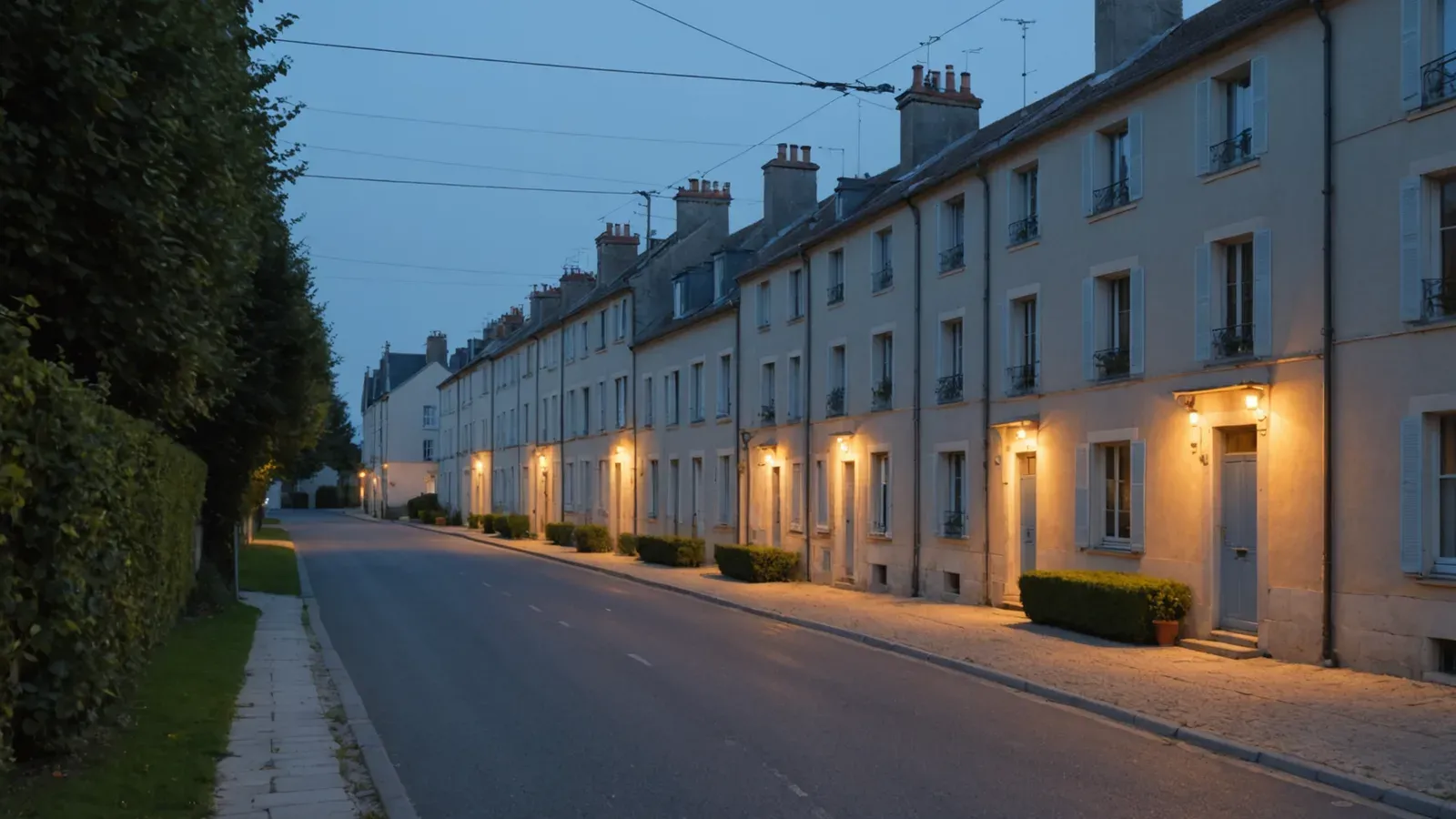 Rue pavillonnaire au crépuscule, fenêtres éclairées, lignes électriques et coffret de compteur de gaz sur un muret
