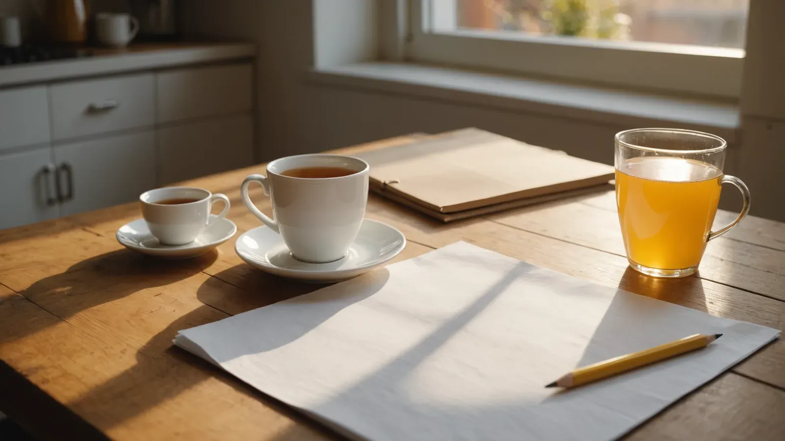 Feuilles blanches, crayon jaune et tasse de thé sur une table de cuisine en bois, au soleil du matin