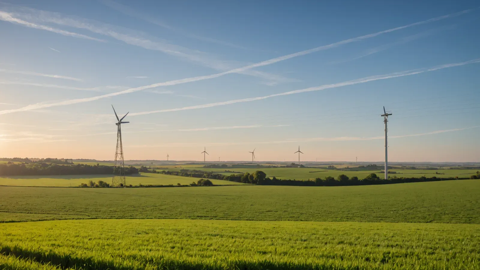 Campagne au soleil couchant avec une éolienne au loin et une ligne électrique traversant des champs verts