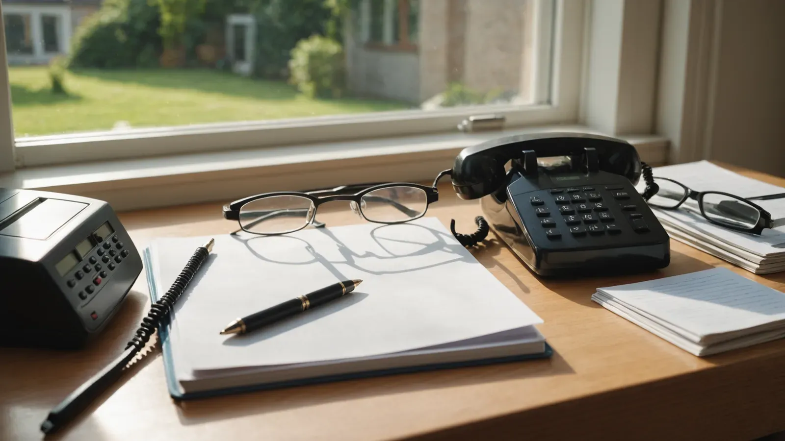 Bureau avec un téléphone fixe, un classeur ouvert de factures du foyer et une paire de lunettes, lumière d'après-midi
