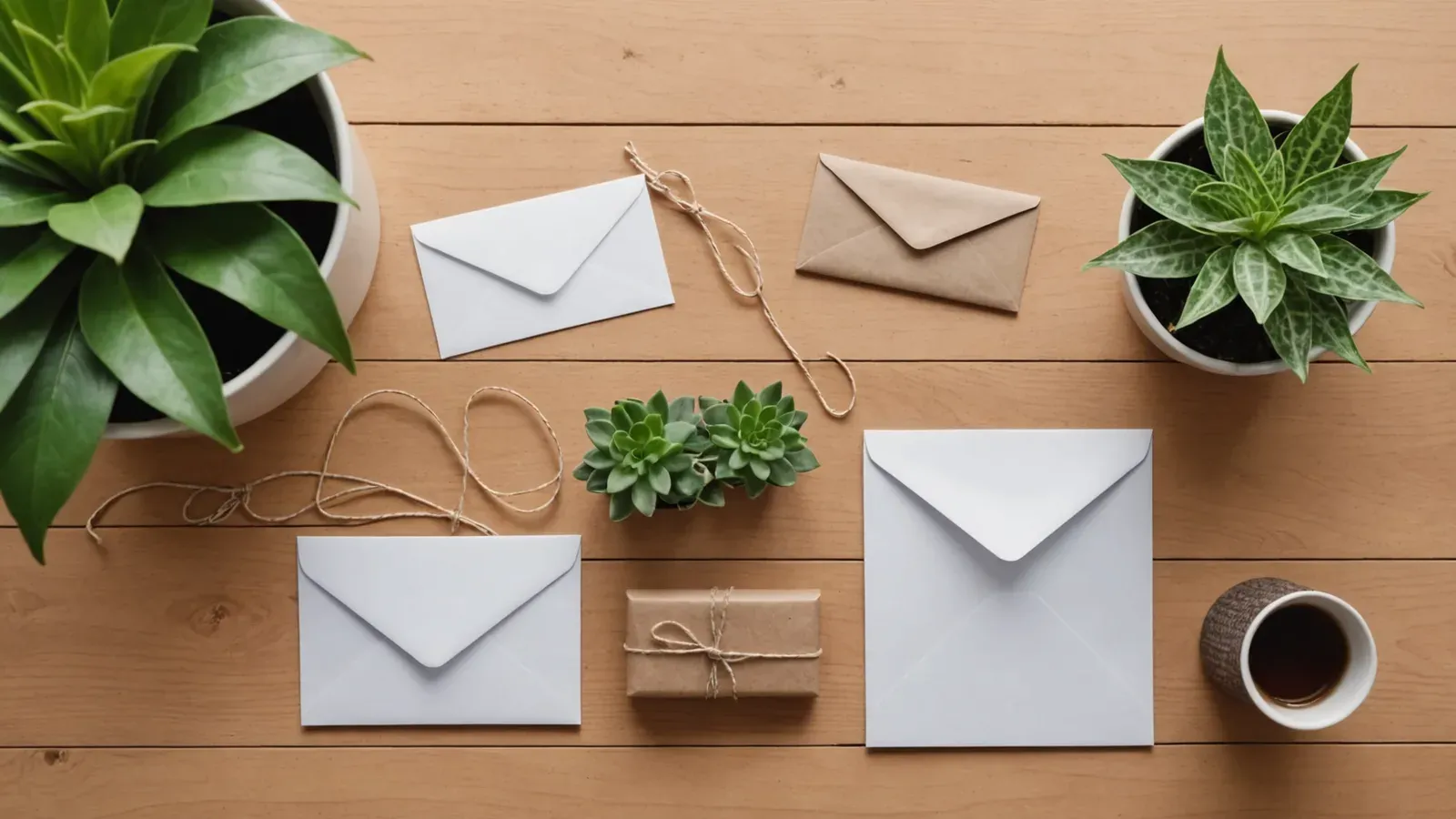 Enveloppes et petites étiquettes cadeaux sur une table en bois clair, à côté d'une lampe de bureau et d'une plante