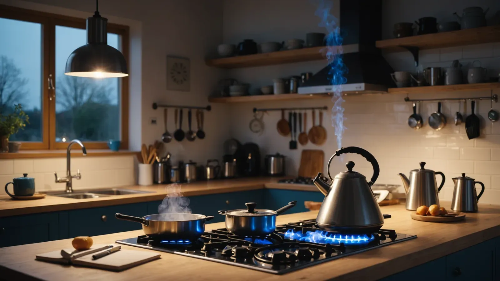 Cuisine au crépuscule : bouilloire et casseroles sur une plaque de cuisson au gaz à flammes bleues, sous une lampe suspendue allumée