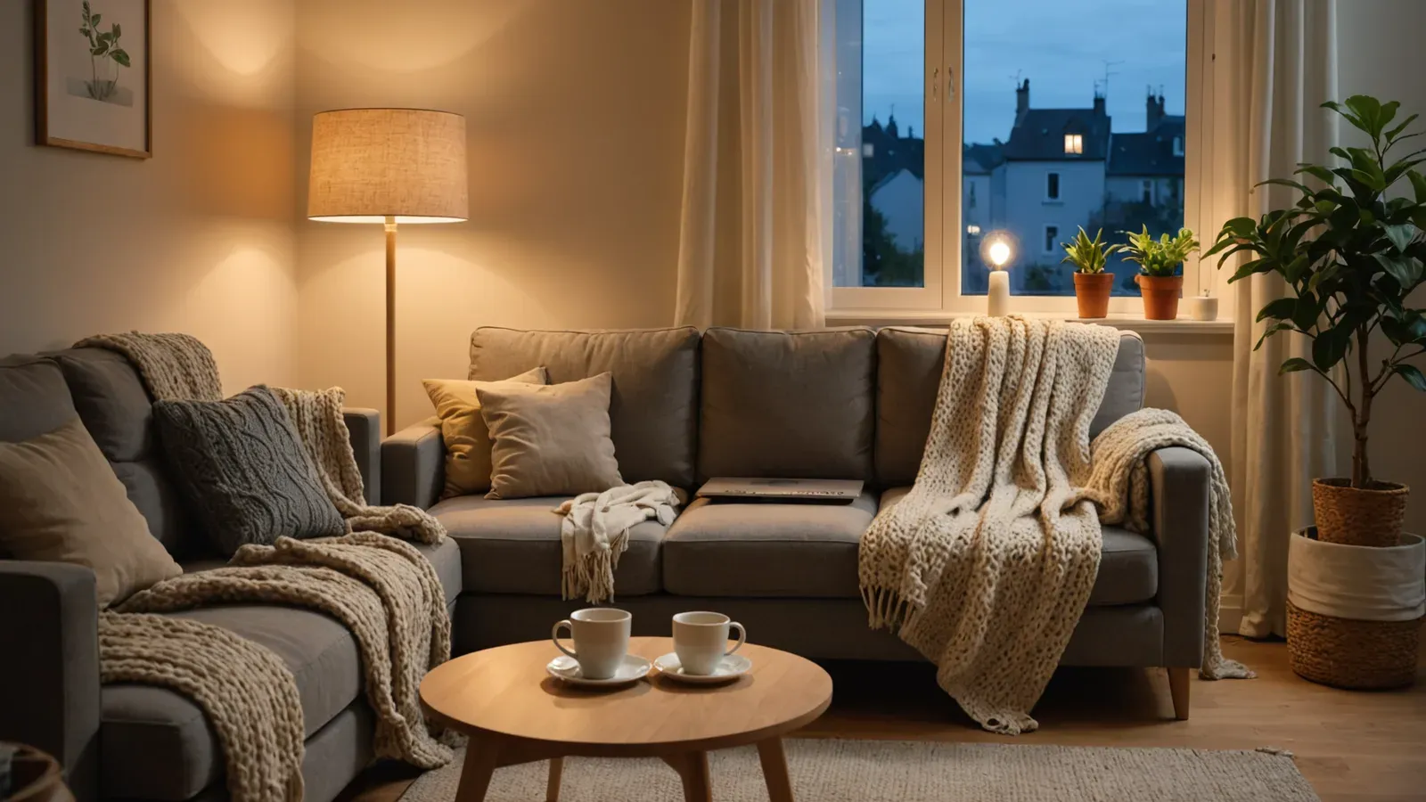 Salon douillet en soirée : lampadaire allumé, canapé couvert de plaids tricotés, deux tasses sur une table basse ronde en bois