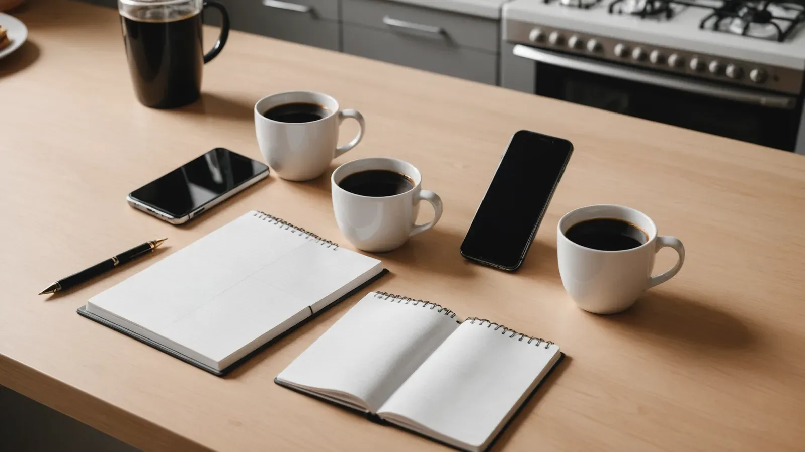 Deux tasses de café, un smartphone à l'écran vide, un carnet et un stylo sur un plan de travail lumineux