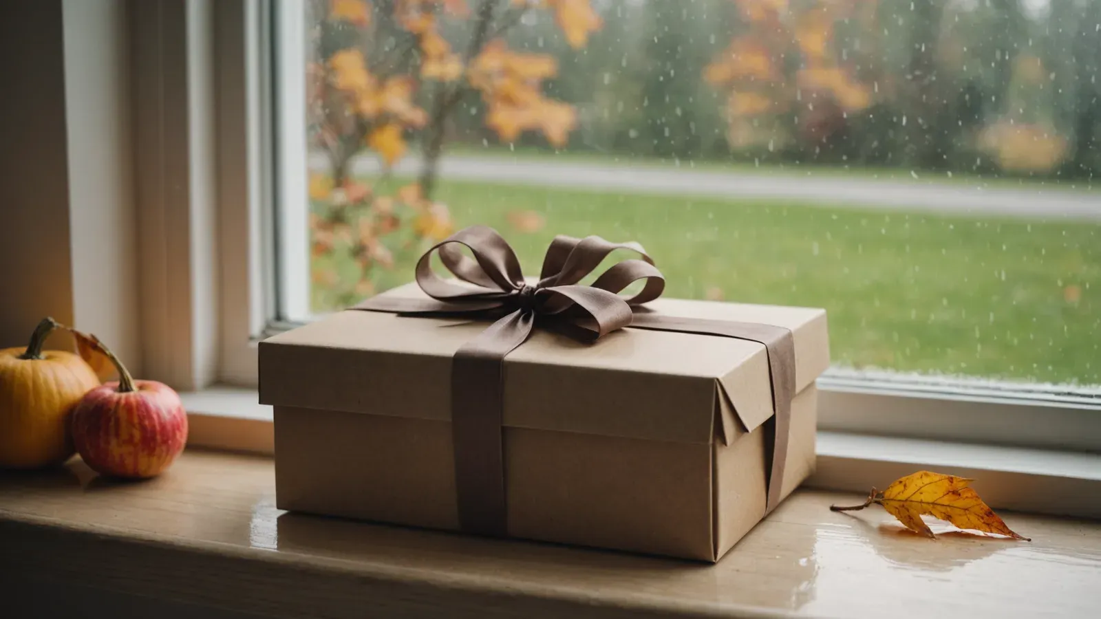 Boîte cadeau fermée par un simple ruban sur un rebord de fenêtre, jour de pluie d'automne à l'extérieur