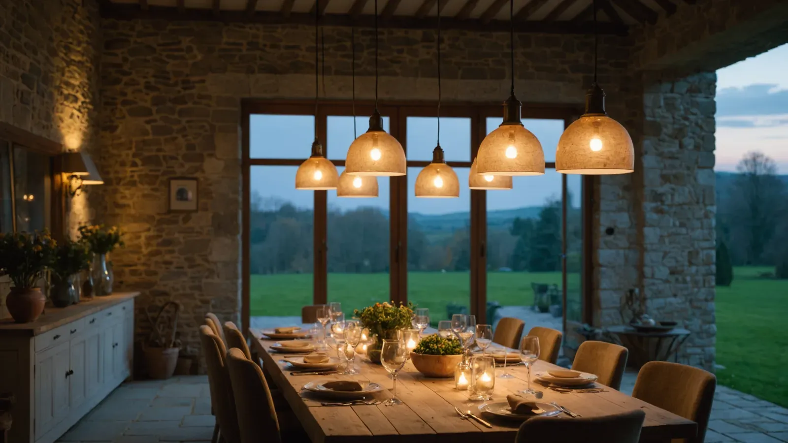 Suspensions allumées au-dessus d'une longue table dans une maison en pierre à la tombée du jour, lumière bleue aux fenêtres