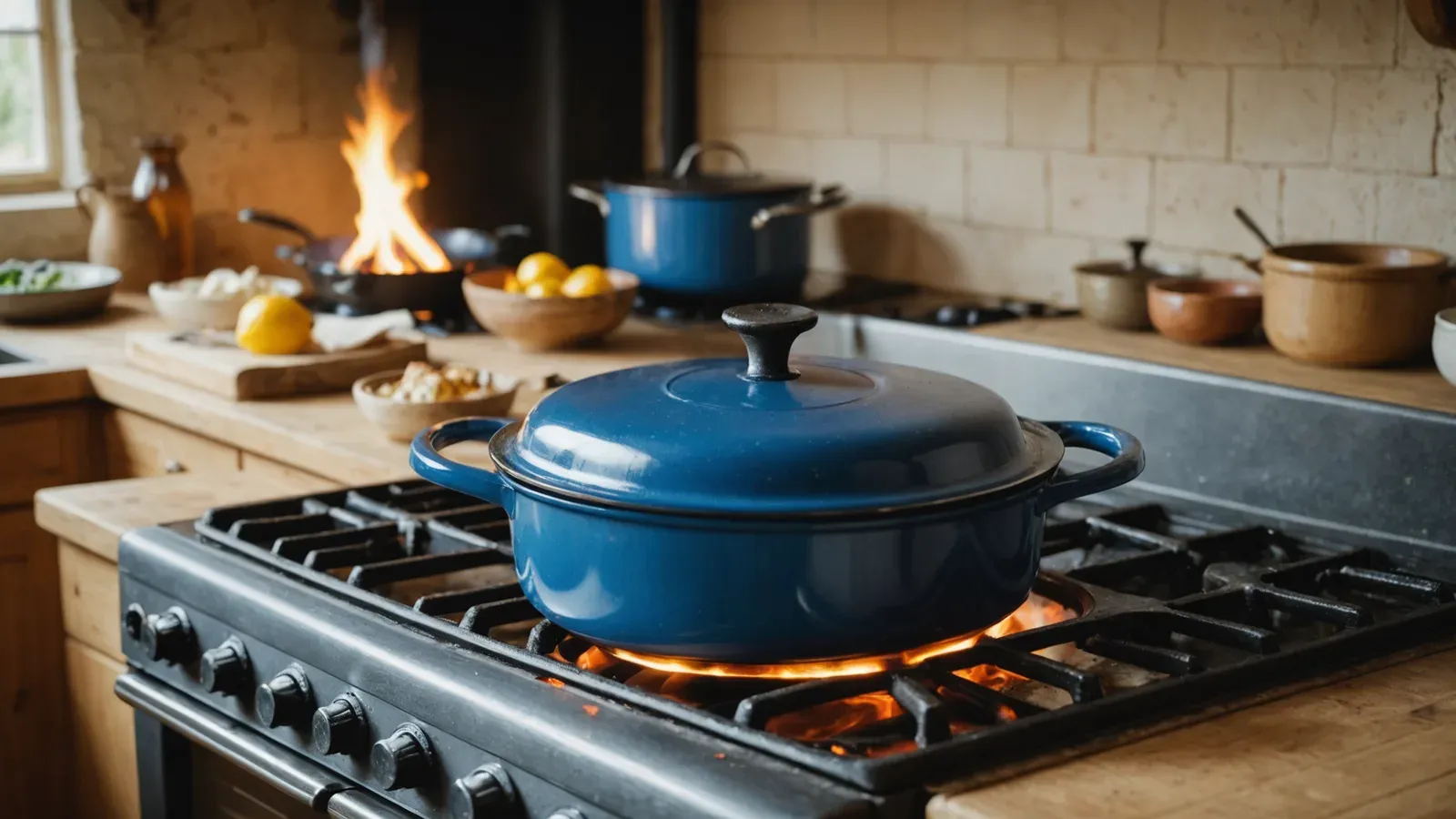 Flamme bleue d'une plaque de cuisson au gaz sous une cocotte en fonte, dans une cuisine familiale rustique, légère vapeur