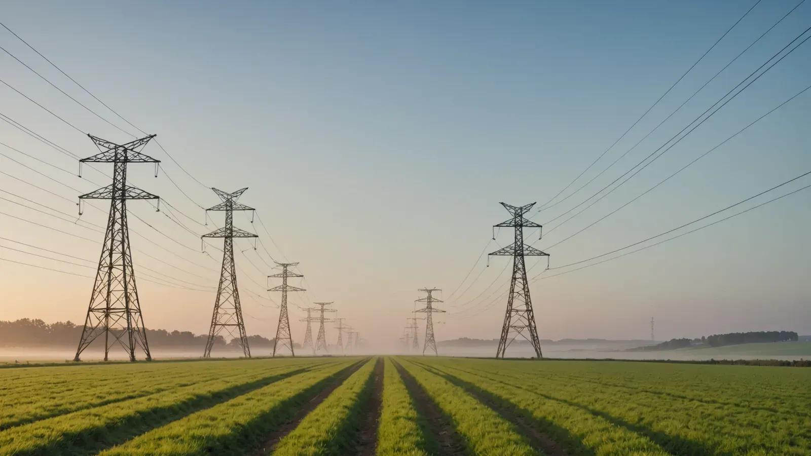 Lignes à haute tension traversant une campagne verdoyante à l'aube, dans une brume légère