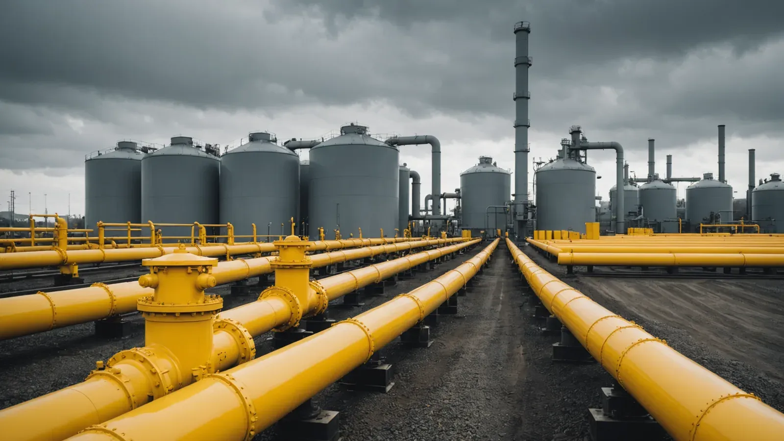 Vannes jaunes d'une canalisation de gaz naturel dans une installation industrielle, sous un ciel couvert