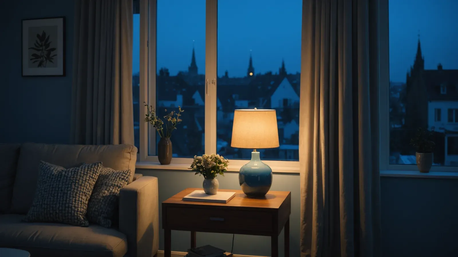 Salon calme à l'heure bleue, une lampe allumée près d'une fenêtre