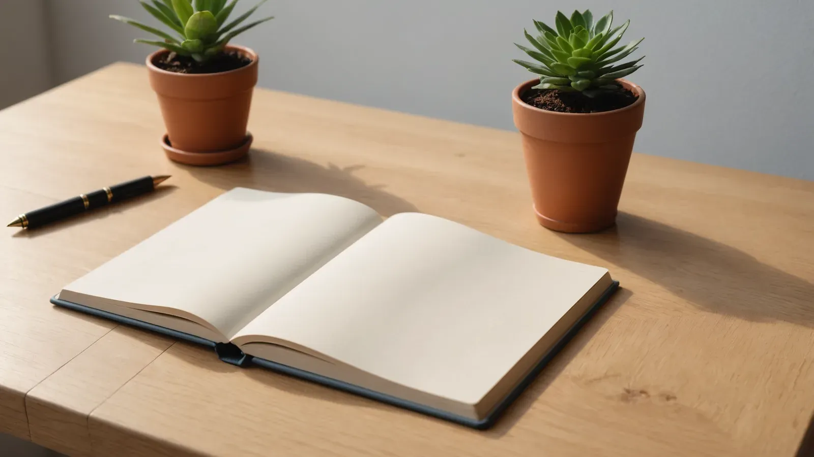 Bureau en chêne clair avec un carnet fermé, un stylo et une petite plante, à la lumière du matin