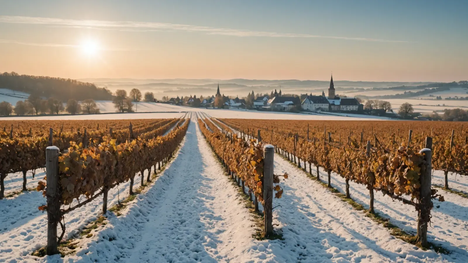 Matin d'hiver sur un vignoble alsacien gelé, soleil bas et pâle, givre sur les ceps et village au loin