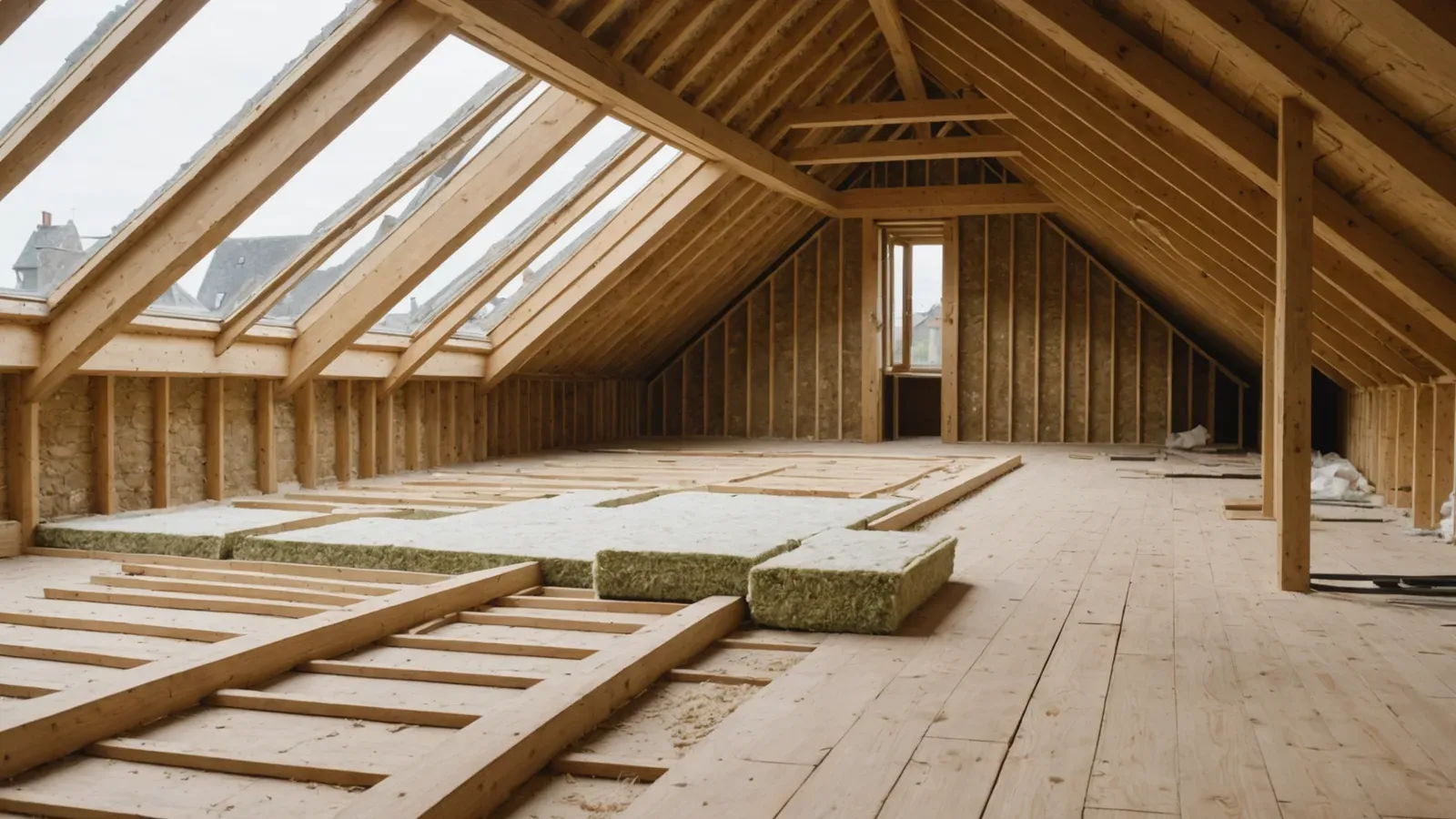 Combles en cours de rénovation, rouleaux de laine minérale posés entre les poutres en bois, lumière d'une fenêtre de toit