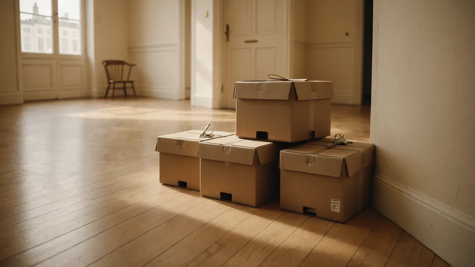 Cartons de déménagement empilés dans l'entrée vide d'un appartement au parquet en point de Hongrie, un trousseau de clés posé dessus