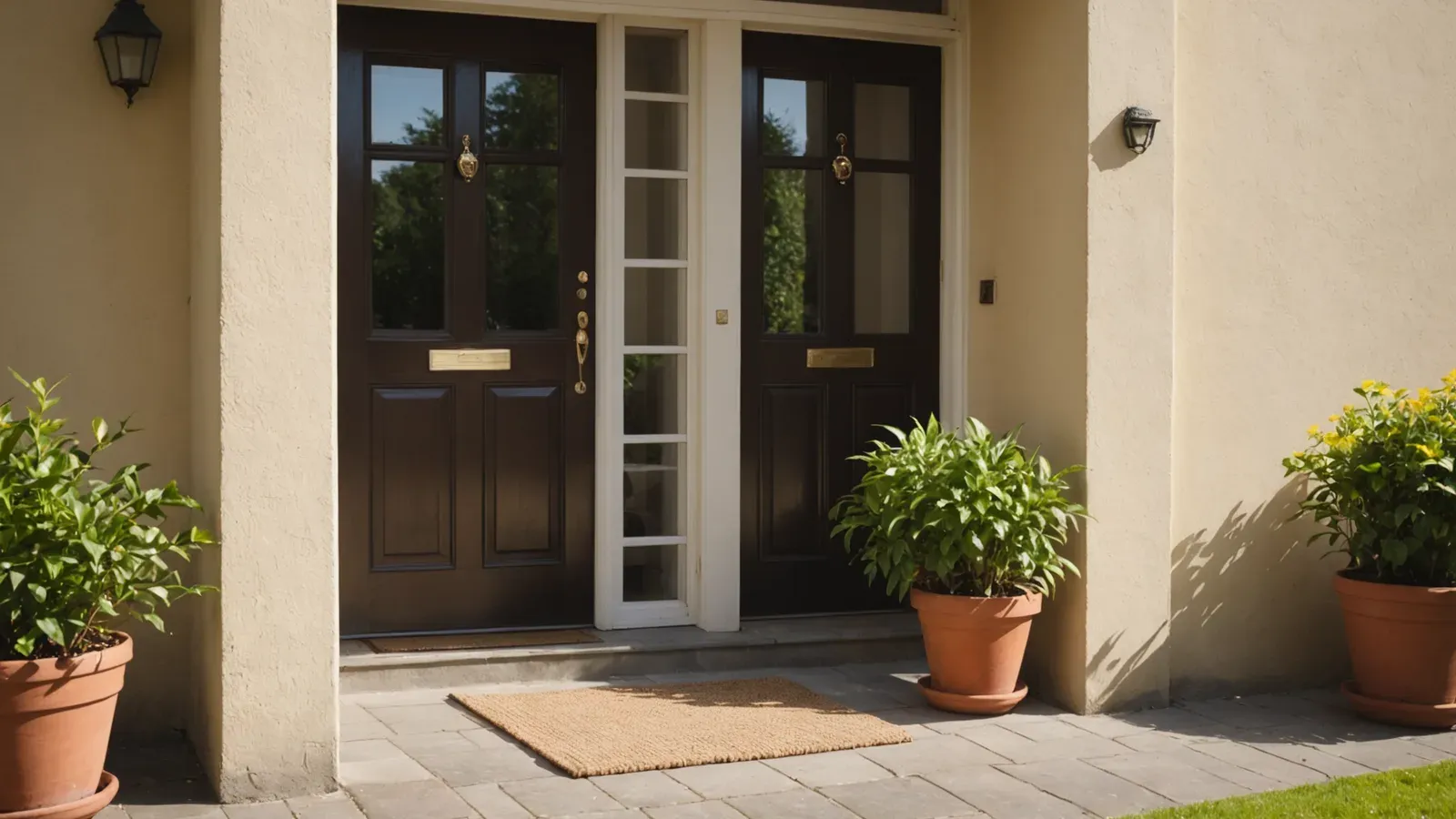 Porte d'entrée d'un appartement grande ouverte sur un palier ensoleillé, avec un paillasson et une plante en pot