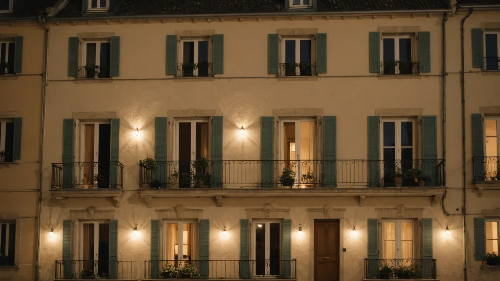 Façade d'un immeuble d'habitation dans une ville française un soir d'hiver, fenêtres éclairées et légère chute de neige