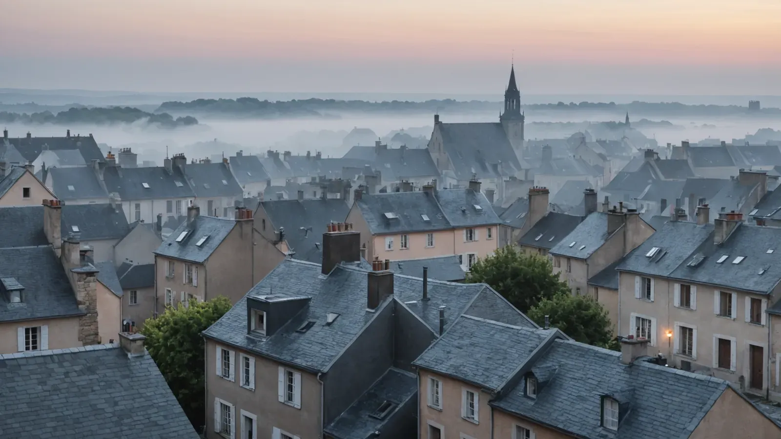 Toits d'ardoise et cheminées d'une petite ville à l'aube, dans une brume légère