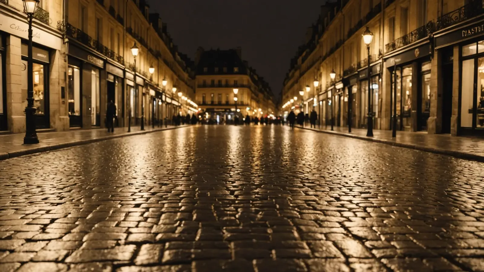 Rue de Paris sous la bruine de janvier, réverbères allumés et pavés mouillés qui reflètent la lumière