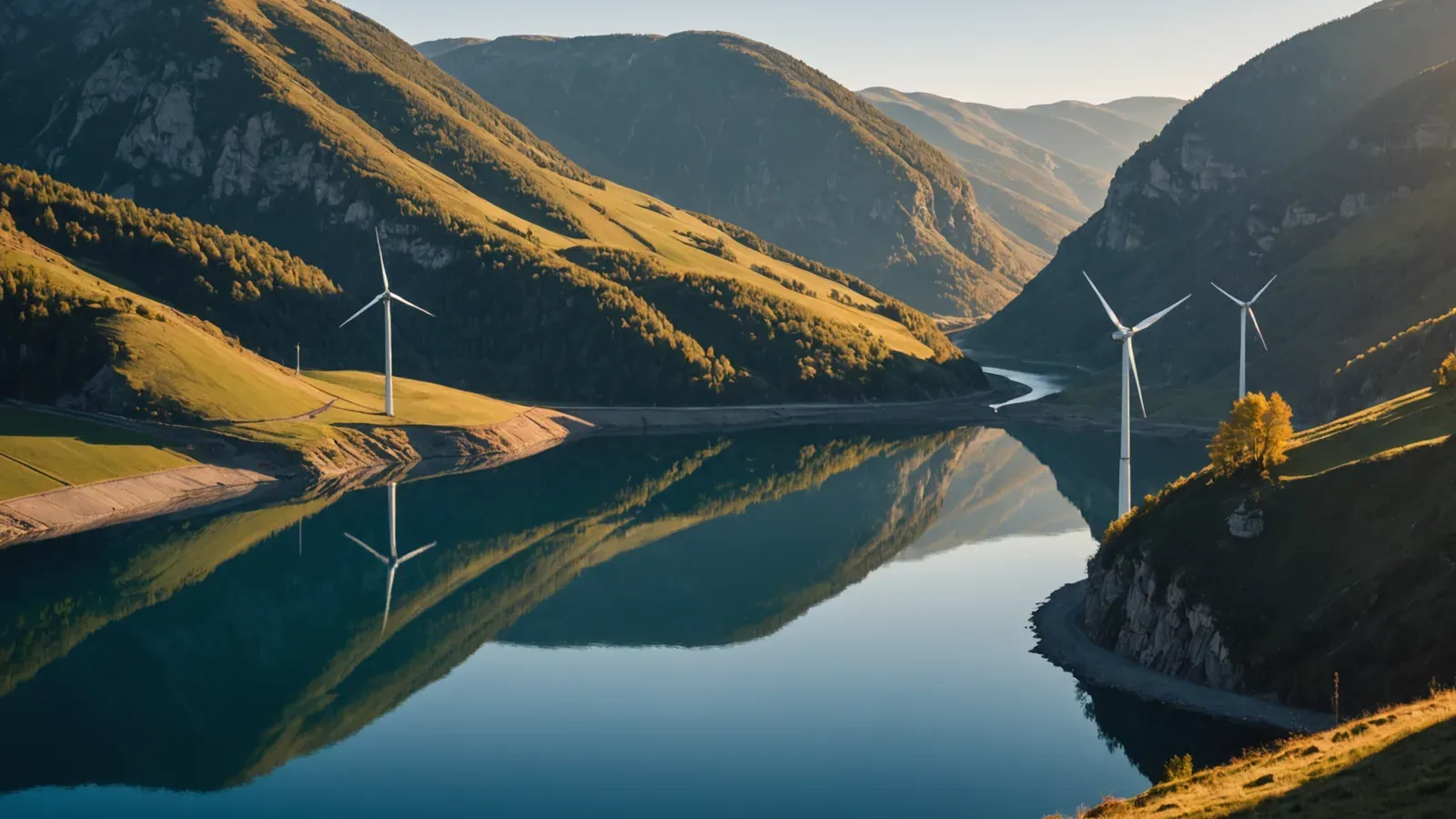 Éoliennes sur une crête au-dessus d'un lac de barrage dans une vallée de montagne, tôt le matin, avec leurs reflets dans l'eau