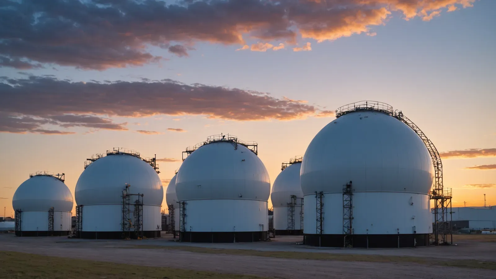 Grandes cuves sphériques blanches de stockage de gaz sur un site industriel, au crépuscule