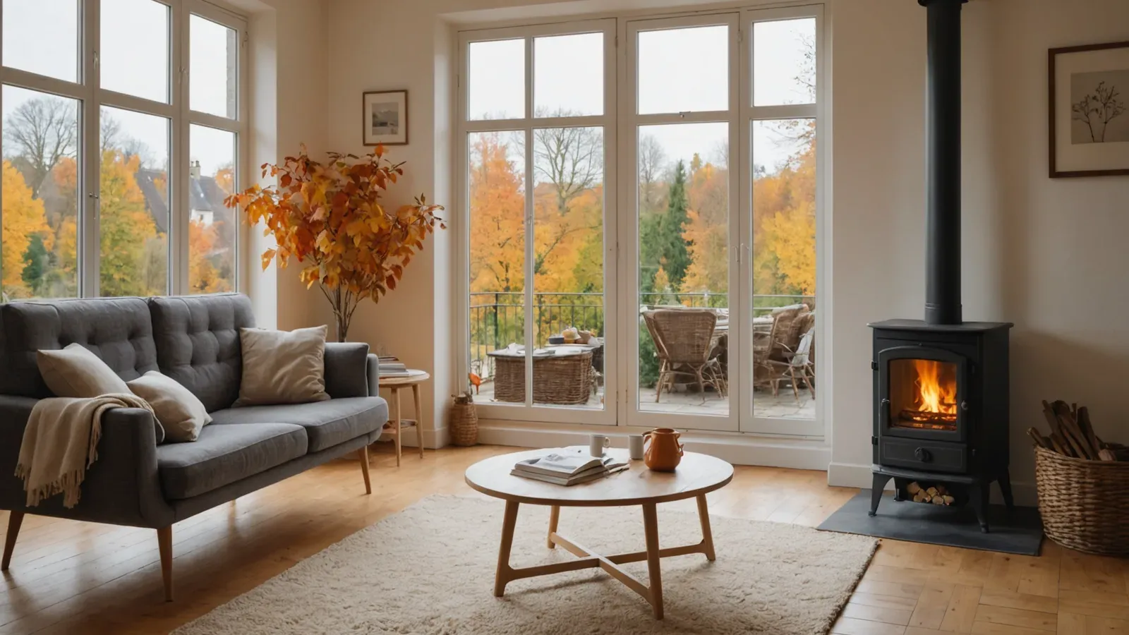 Salon chauffé en automne avec un radiateur moderne et un poêle à granulés, lumière chaude de fin de journée
