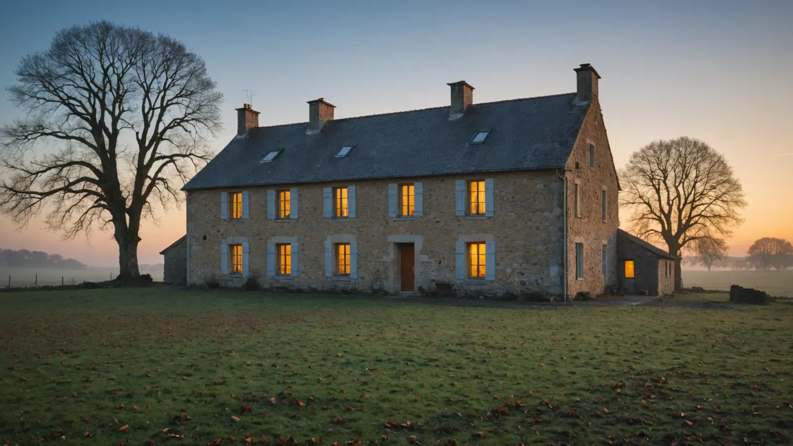 Longère en pierre à la tombée du jour en automne, fenêtres éclairées, arbres nus et brume sur le pré