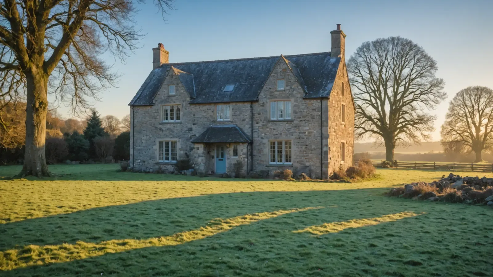 Maison de campagne en pierre un matin d'hiver givré, fenêtres éclairées