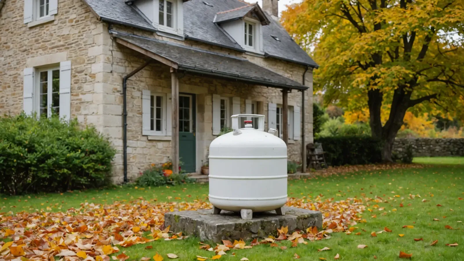 Petite citerne de gaz blanche posée dans le jardin d'une maison de campagne en pierre, en automne