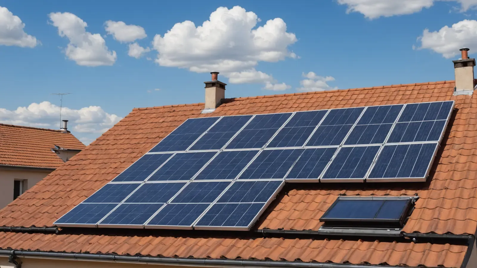 Panneaux solaires photovoltaïques posés sur un toit de tuiles d'une maison, sous un ciel de printemps dégagé