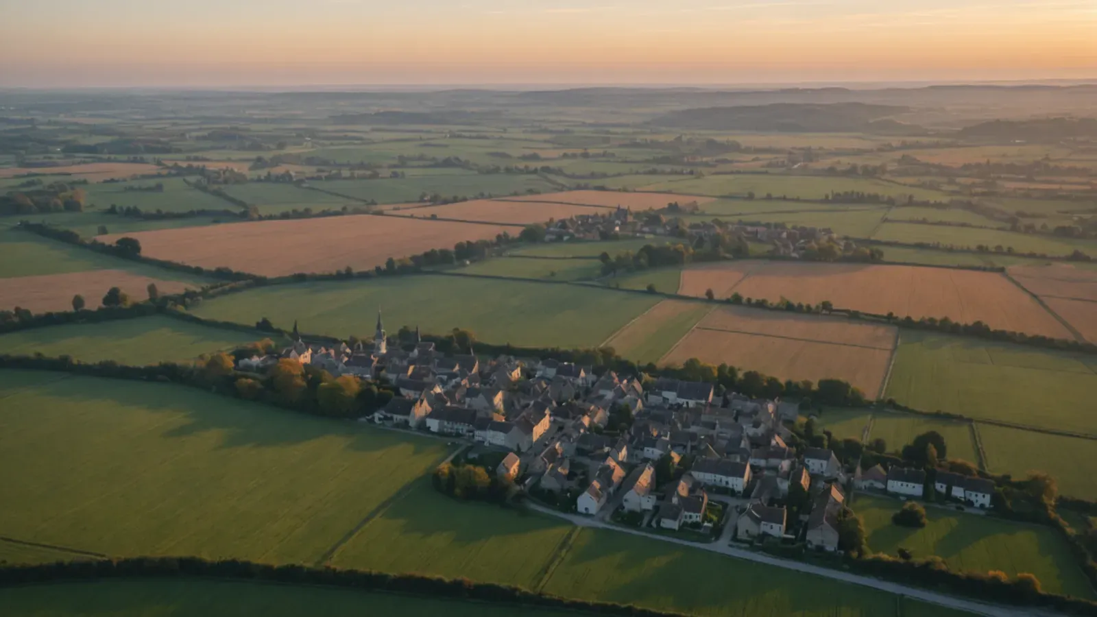 Vue aérienne au crépuscule d'un paysage français mêlant petite ville, villages et champs, fenêtres éclairées et lignes électriques